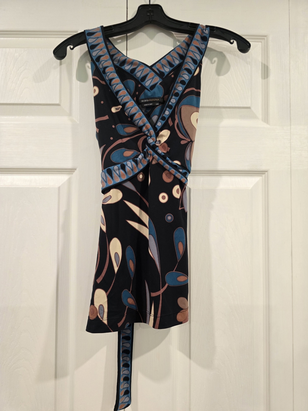 BCBGMaxAzria Navy, Blue & Tan Abstract Wrap Mini Dress